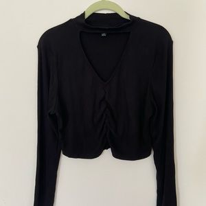 Miss Selfridge black ruched crop top with neck band:neckline.